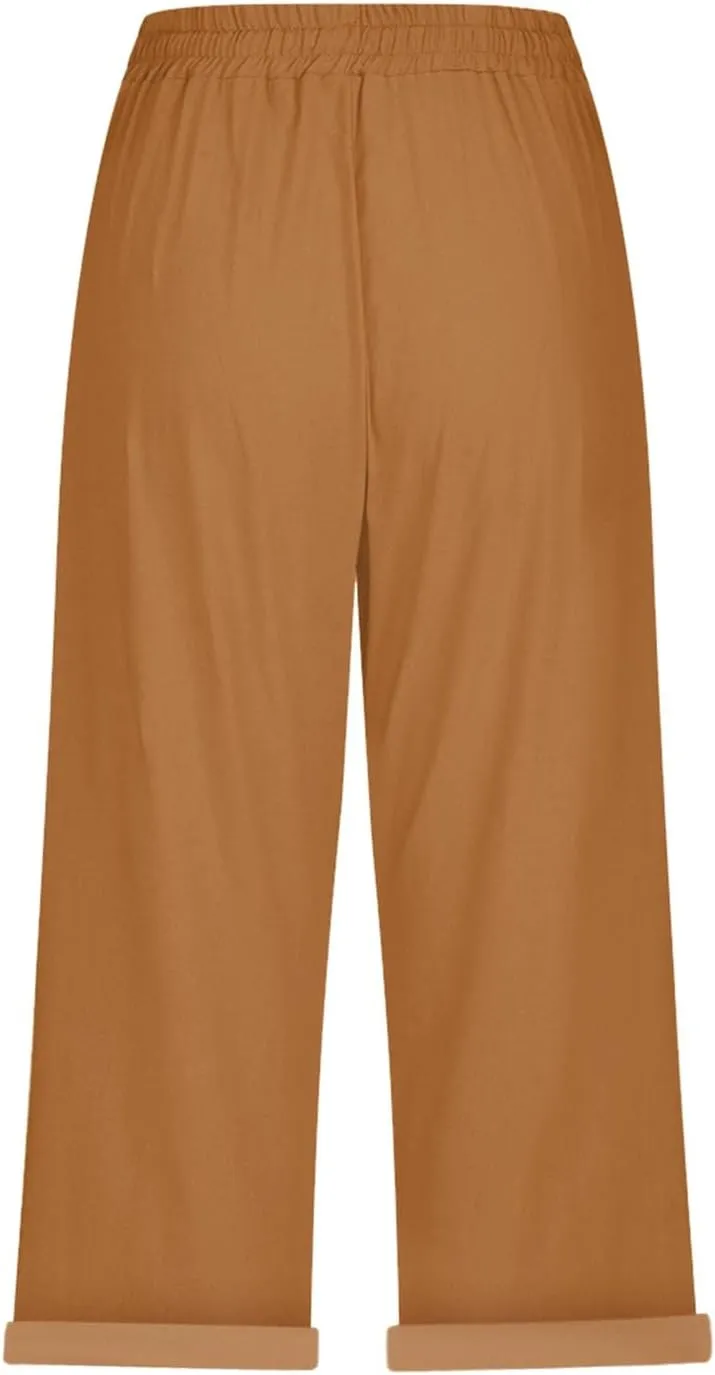 Gauze Beach Pants for Women Cotton Linen Elastic Seven Pants Beach Casual Pants Linen Loose Fit Drawstring Trousers