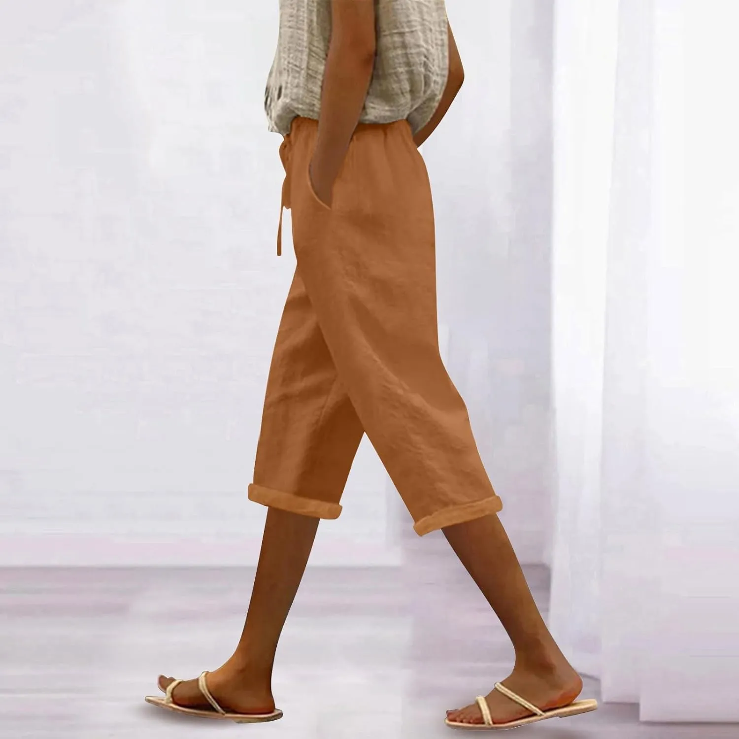 Gauze Beach Pants for Women Cotton Linen Elastic Seven Pants Beach Casual Pants Linen Loose Fit Drawstring Trousers