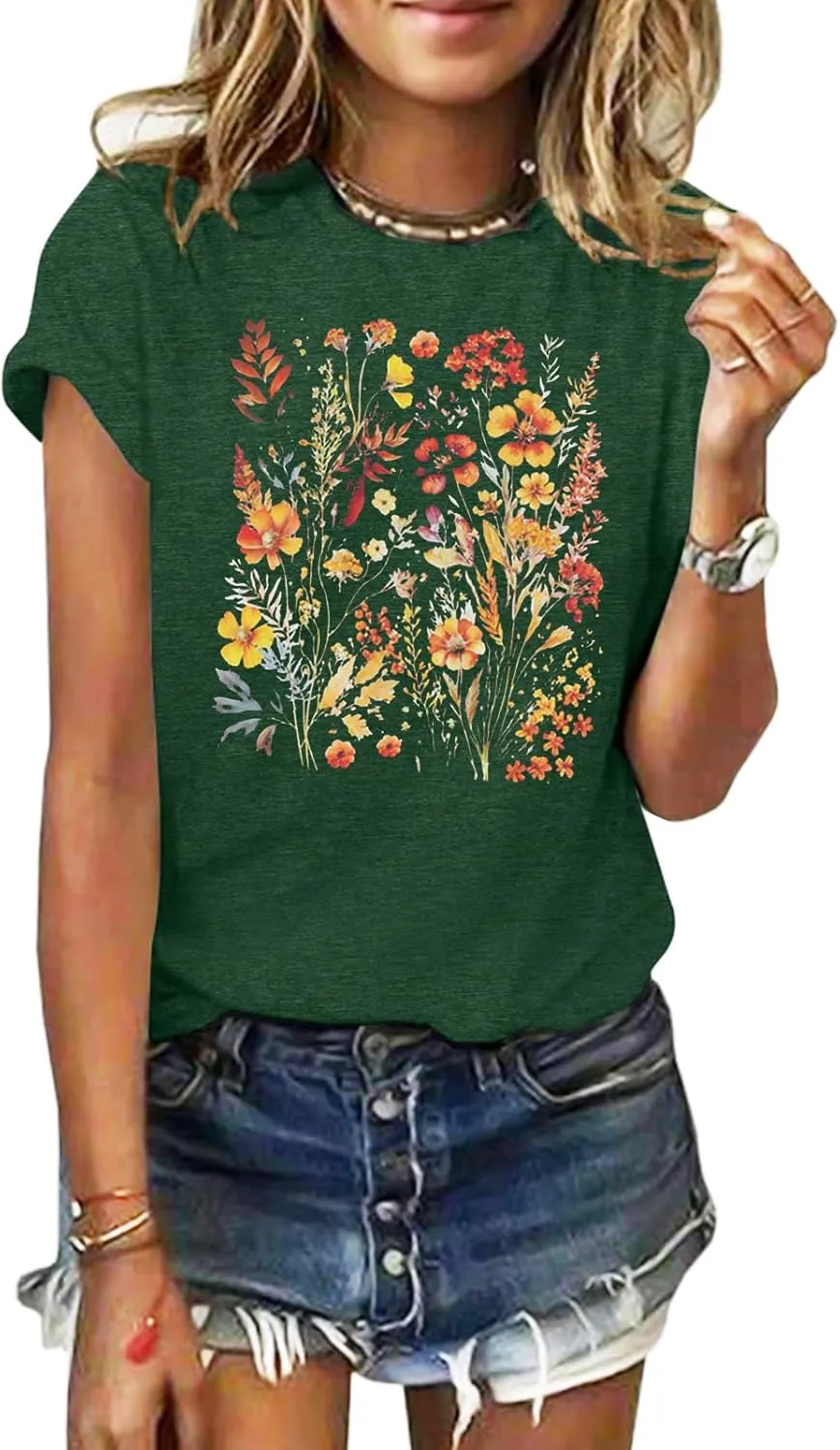GEMLON Graphic T-Shirts for Women Loose Print Short Sleeve Tops Summer Casual Tees Shirt
