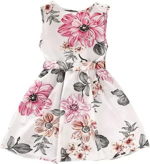 Girls 4 to 7 Years Old Floral Print Ruffle V Neck Sleeveless Dress Round Neck Mini Dress Baby Set
