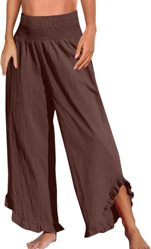 GOFULY Lined Pants Women Wide Leg Casual High Waisted Beach Pants with Pockets Elastic Waist Summer Elegant Solid Clothes