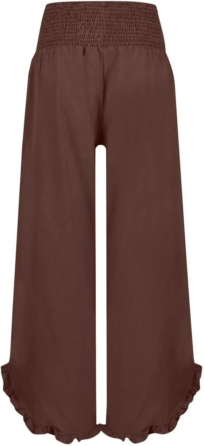 GOFULY Lined Pants Women Wide Leg Casual High Waisted Beach Pants with Pockets Elastic Waist Summer Elegant Solid Clothes
