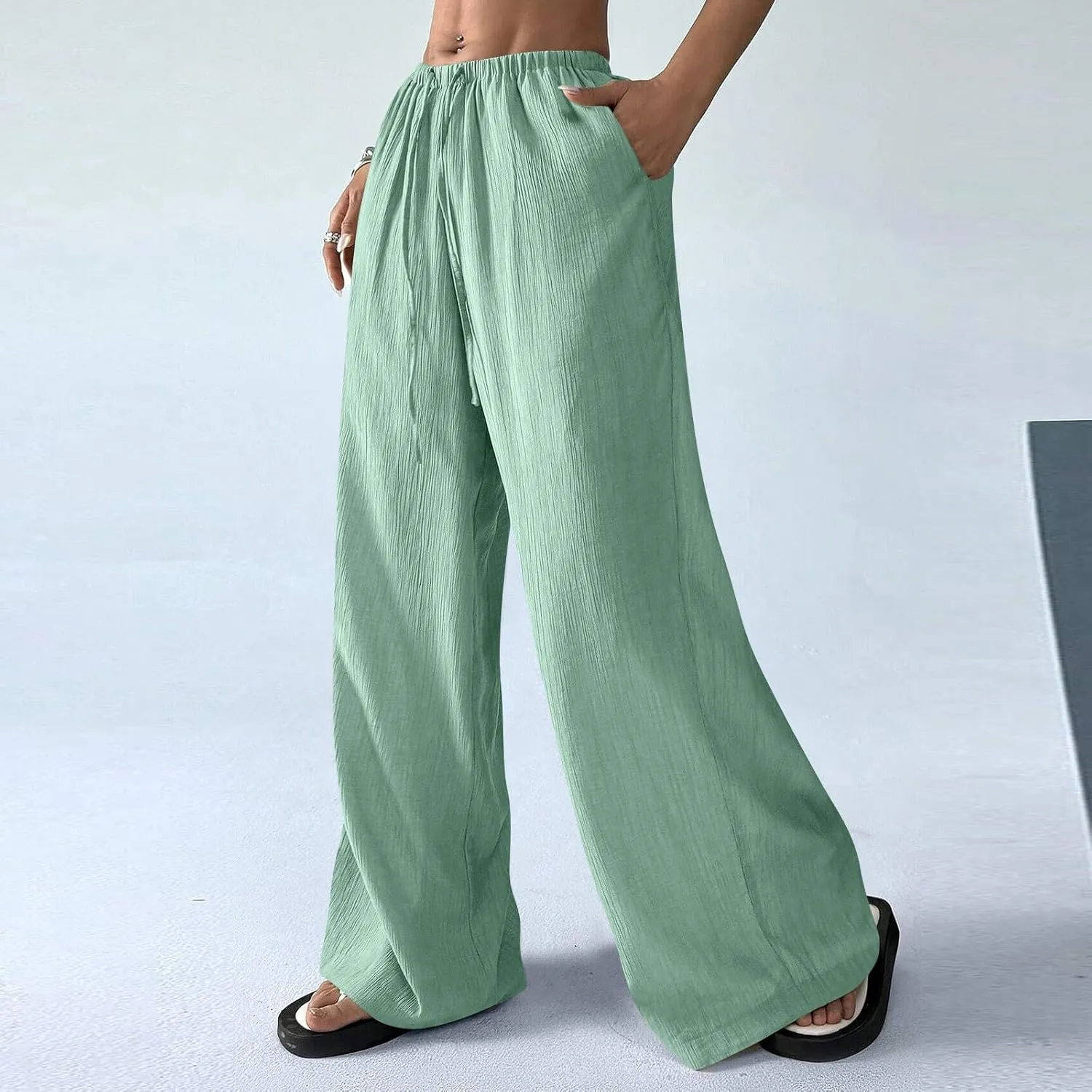 GOFULY Linen Palazzo Pants Women Wide Leg Trendy 2025 Pants High Waisted Drawstring Elastic Waist Summer Baggy Solid Trousers