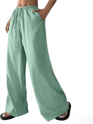GOFULY Linen Palazzo Pants Women Wide Leg Trendy 2025 Pants High Waisted Drawstring Elastic Waist Summer Baggy Solid Trousers