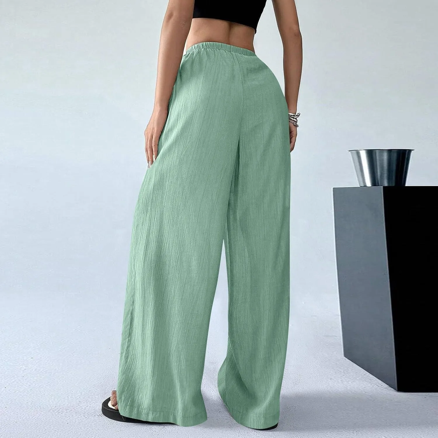 GOFULY Linen Palazzo Pants Women Wide Leg Trendy 2025 Pants High Waisted Drawstring Elastic Waist Summer Baggy Solid Trousers