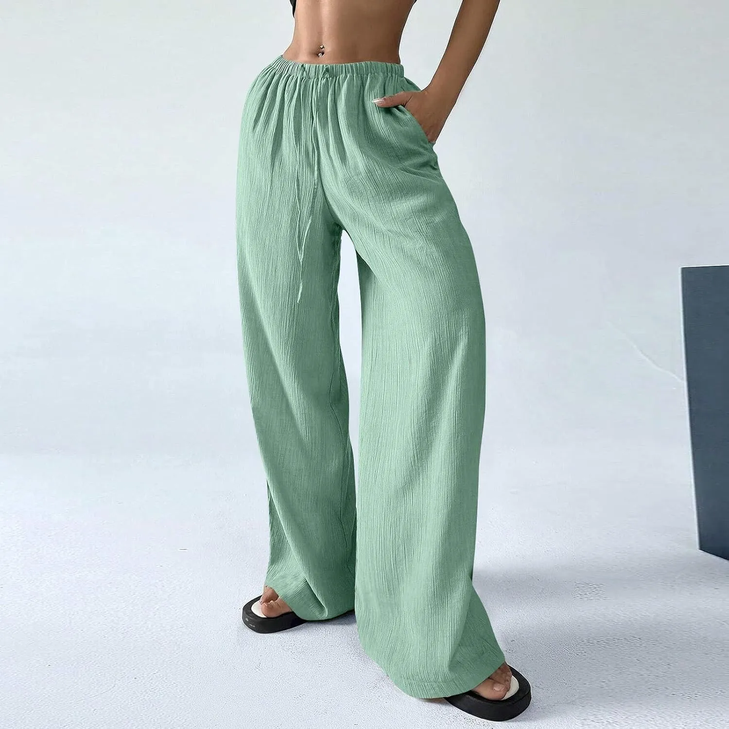 GOFULY Linen Palazzo Pants Women Wide Leg Trendy 2025 Pants High Waisted Drawstring Elastic Waist Summer Baggy Solid Trousers