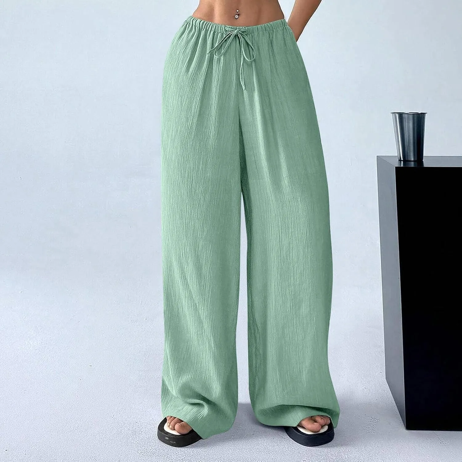 GOFULY Linen Palazzo Pants Women Wide Leg Trendy 2025 Pants High Waisted Drawstring Elastic Waist Summer Baggy Solid Trousers
