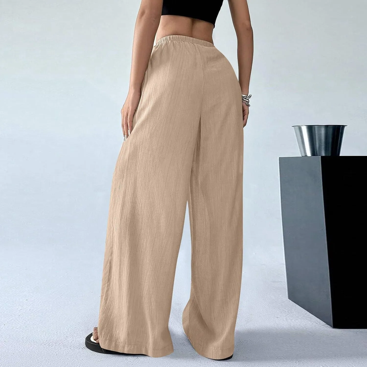 GOFULY Linen Pants Women Wide Leg Beach High Rise Pants Casual Elastic Waist Drawstring Summer 2025 Solid Trouser with Pocket