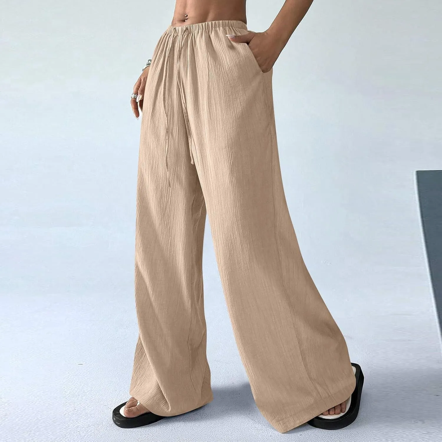 GOFULY Linen Pants Women Wide Leg Beach High Rise Pants Casual Elastic Waist Drawstring Summer 2025 Solid Trouser with Pocket