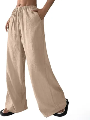 GOFULY Linen Pants Women Wide Leg Beach High Rise Pants Casual Elastic Waist Drawstring Summer 2025 Solid Trouser with Pocket