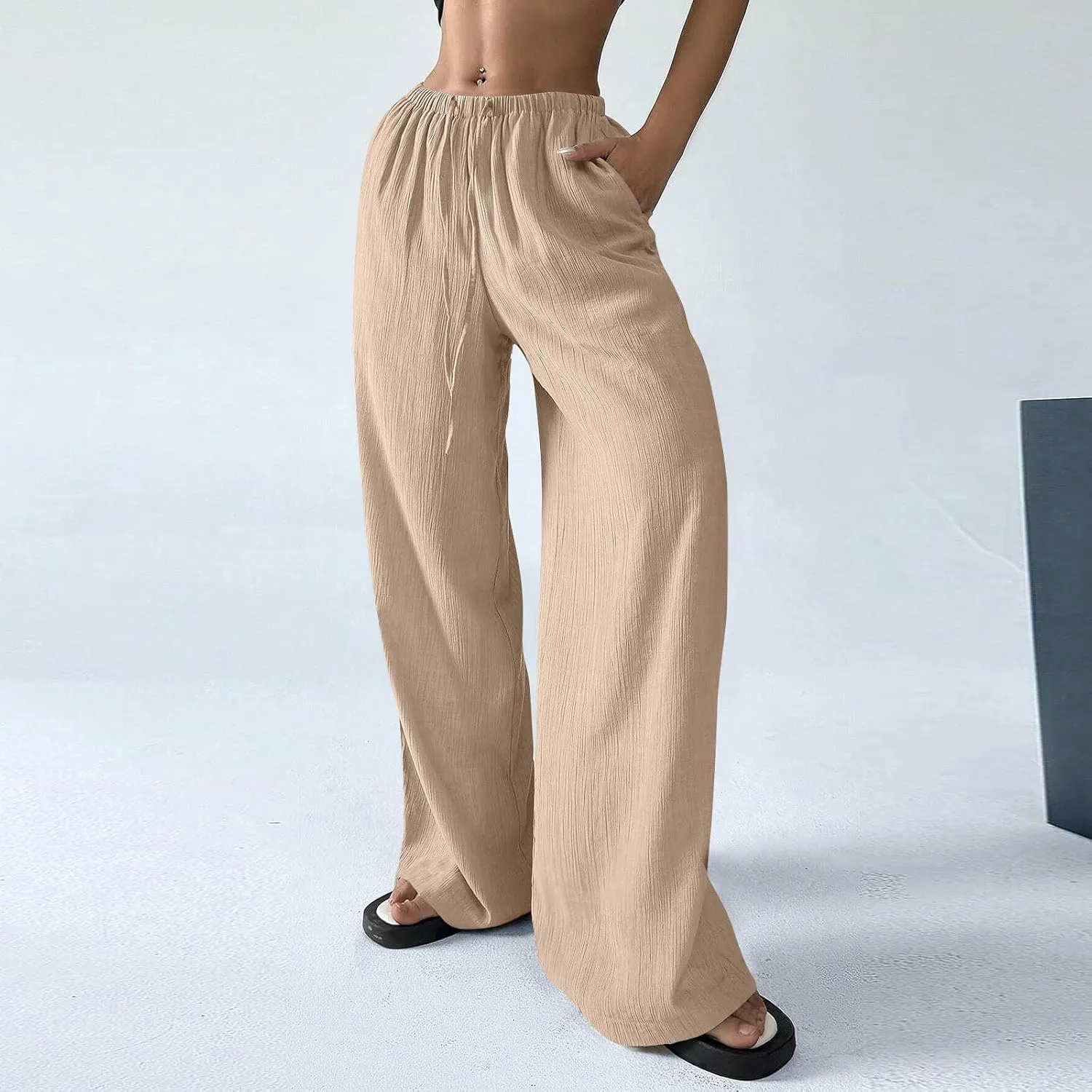 GOFULY Linen Pants Women Wide Leg Beach High Rise Pants Casual Elastic Waist Drawstring Summer 2025 Solid Trouser with Pocket