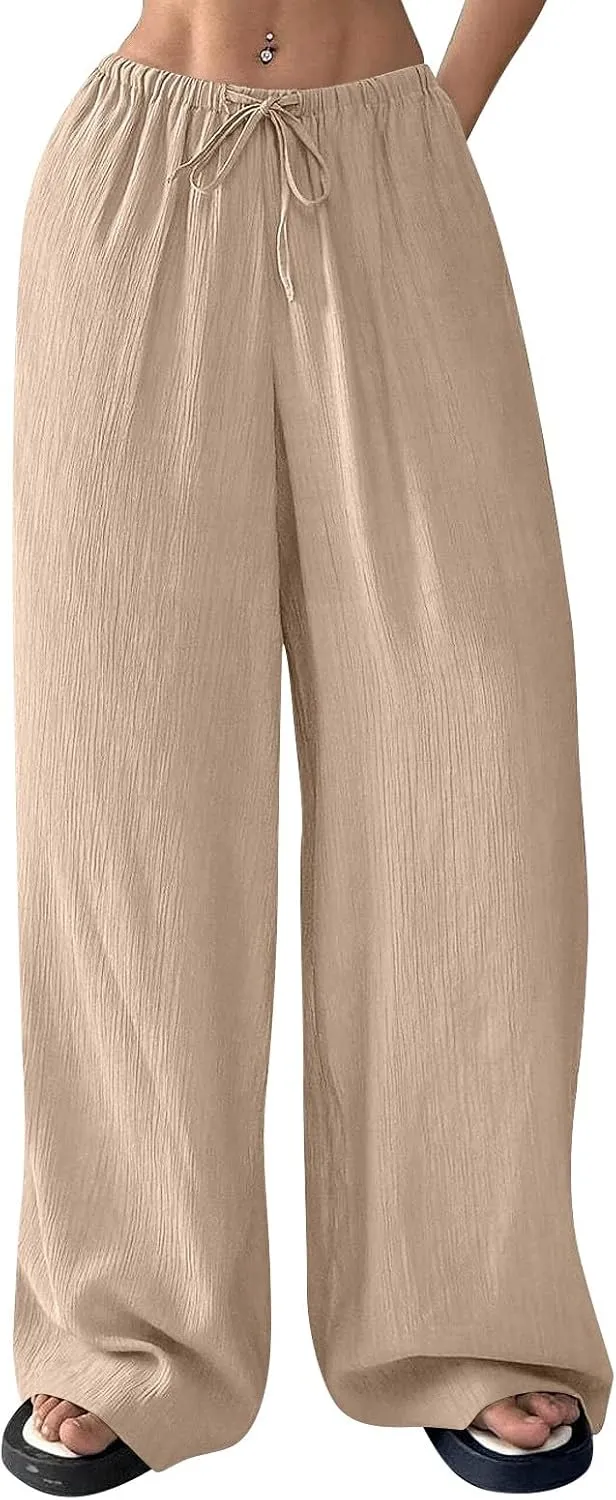 GOFULY Linen Pants Women Wide Leg Beach High Rise Pants Casual Elastic Waist Drawstring Summer 2025 Solid Trouser with Pocket
