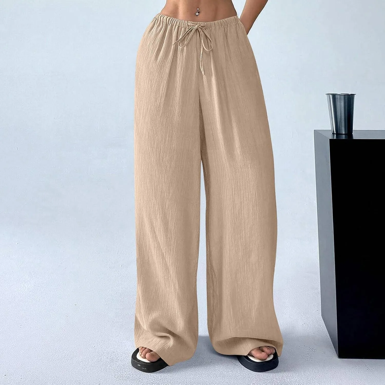 GOFULY Linen Pants Women Wide Leg Beach High Rise Pants Casual Elastic Waist Drawstring Summer 2025 Solid Trouser with Pocket