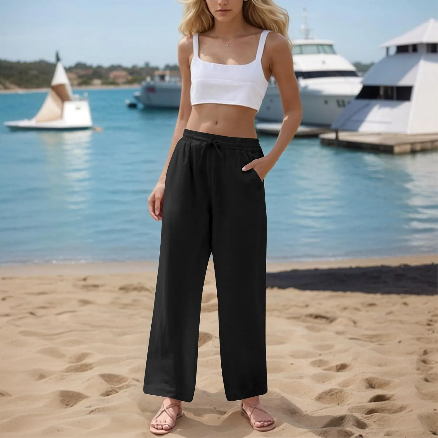 GOFULY Linen Pants Women Wide Leg Trendy High Waisted Pants Casual Drawstring Elastic Waist Baggy Solid Outfits with Pockets