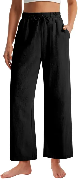 GOFULY Linen Pants Women Wide Leg Trendy High Waisted Pants Casual Drawstring Elastic Waist Baggy Solid Outfits with Pockets