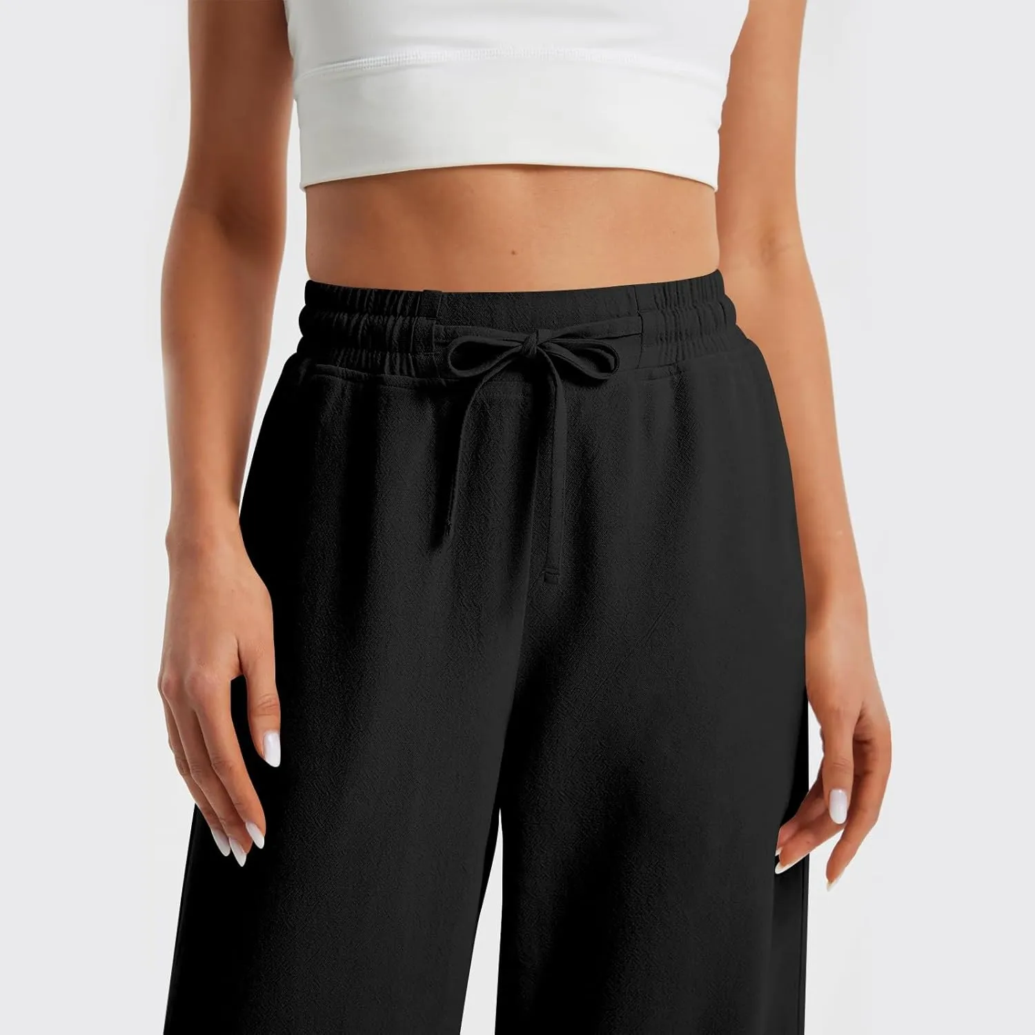 GOFULY Linen Pants Women Wide Leg Trendy High Waisted Pants Casual Drawstring Elastic Waist Baggy Solid Outfits with Pockets