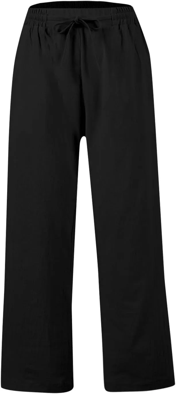 GOFULY Linen Pants Women Wide Leg Trendy High Waisted Pants Casual Drawstring Elastic Waist Baggy Solid Outfits with Pockets