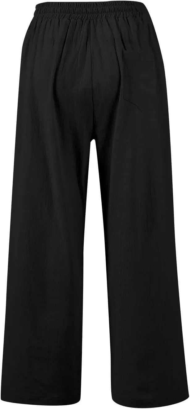 GOFULY Linen Pants Women Wide Leg Trendy High Waisted Pants Casual Drawstring Elastic Waist Baggy Solid Outfits with Pockets