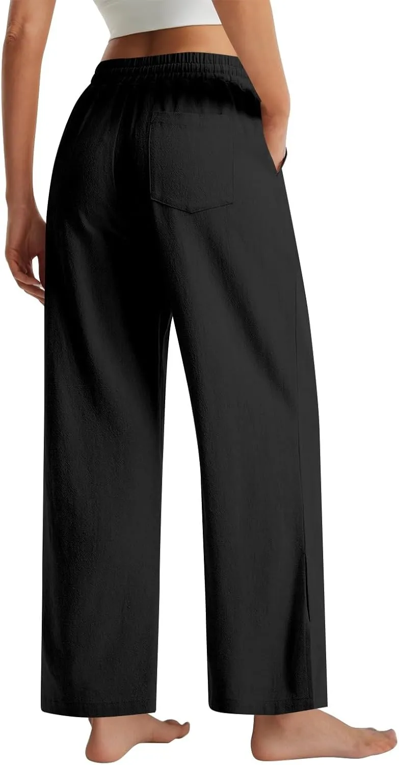 GOFULY Linen Pants Women Wide Leg Trendy High Waisted Pants Casual Drawstring Elastic Waist Baggy Solid Outfits with Pockets
