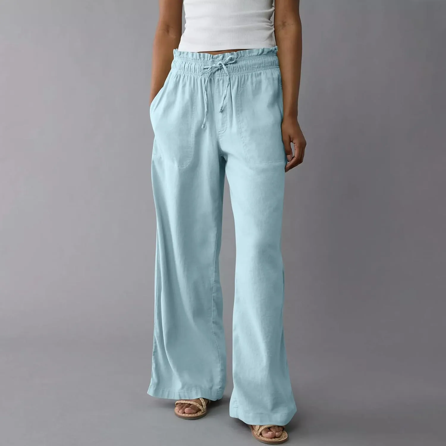 GOFULY Linen Wide Leg Pants for Women 2025 High Waisted Pants Casual Elastic Waist Drawstring Summer Trouser with Pockets