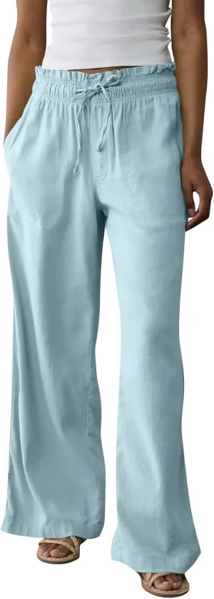 GOFULY Linen Wide Leg Pants for Women 2025 High Waisted Pants Casual Elastic Waist Drawstring Summer Trouser with Pockets