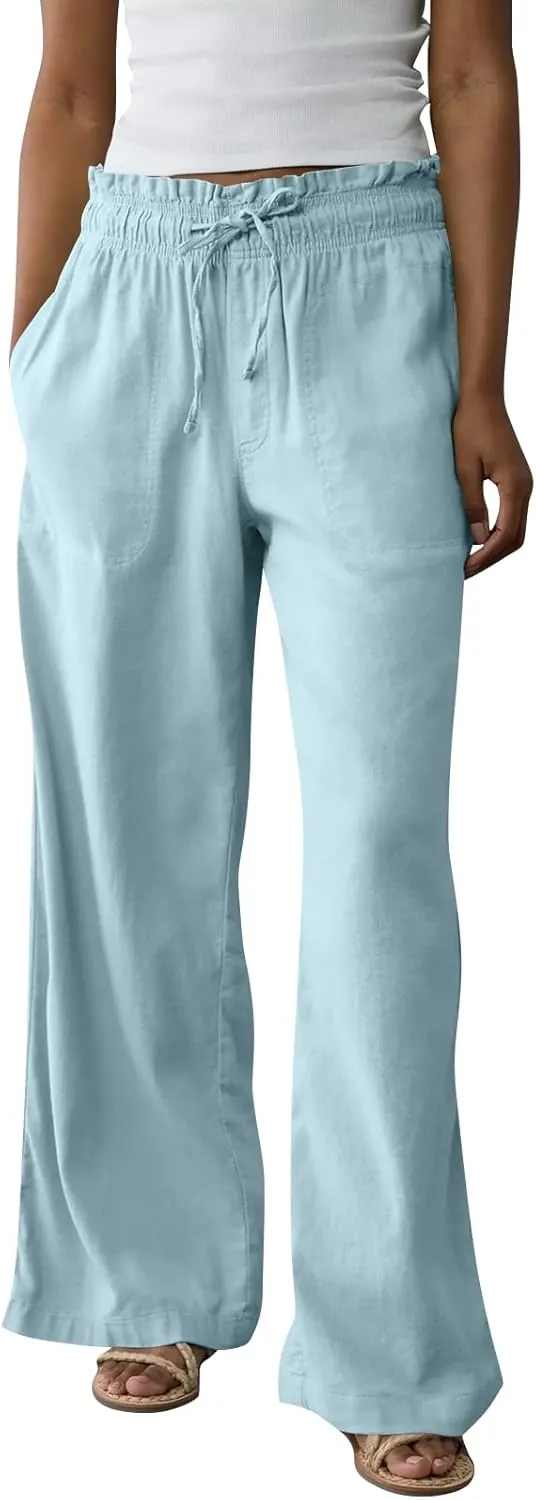 GOFULY Linen Wide Leg Pants for Women 2025 High Waisted Pants Casual Elastic Waist Drawstring Summer Trouser with Pockets