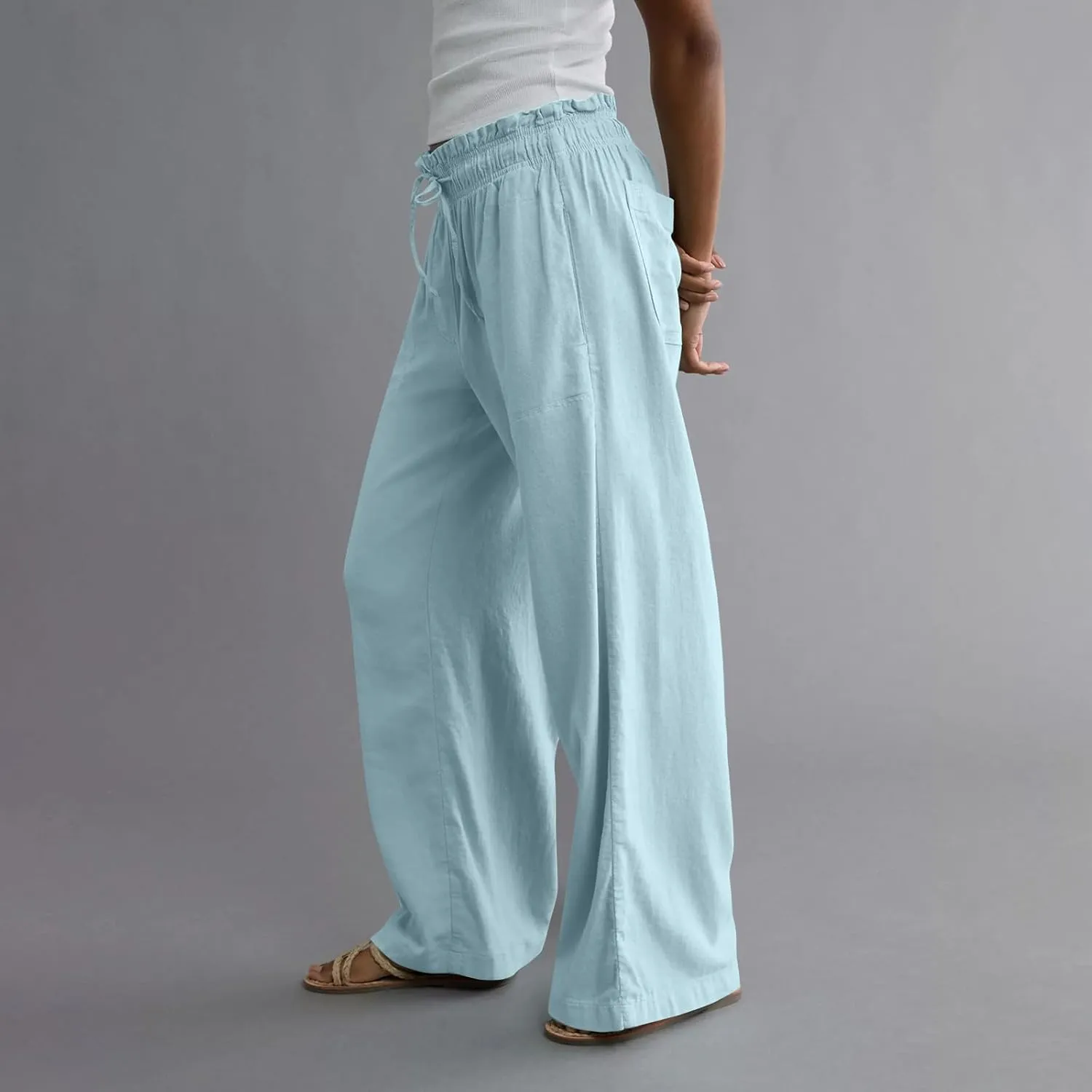 GOFULY Linen Wide Leg Pants for Women 2025 High Waisted Pants Casual Elastic Waist Drawstring Summer Trouser with Pockets
