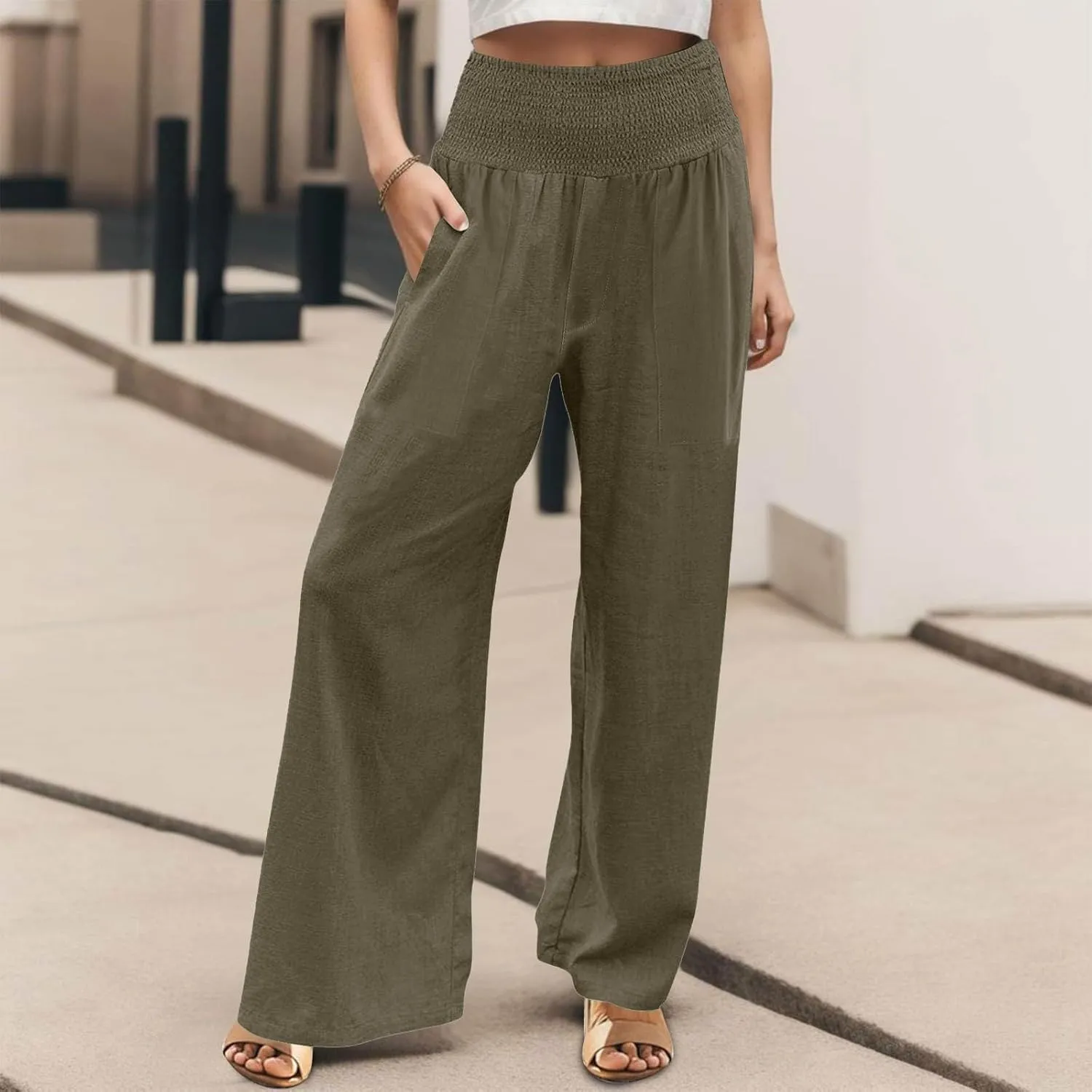 GOFULY Wide Leg Pants for Women Cotton Linen 2025 Summer Elastic Waist Palazzo Pants High Waisted Pocket Baggy Solid Clothes