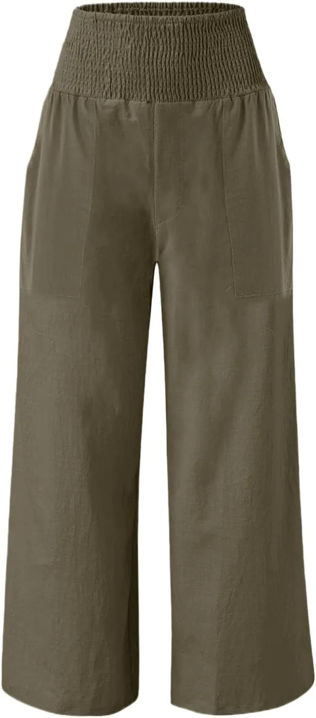 GOFULY Wide Leg Pants for Women Cotton Linen 2025 Summer Elastic Waist Palazzo Pants High Waisted Pocket Baggy Solid Clothes
