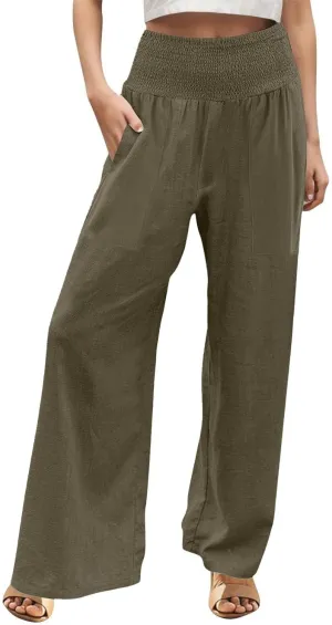 GOFULY Wide Leg Pants for Women Cotton Linen 2025 Summer Elastic Waist Palazzo Pants High Waisted Pocket Baggy Solid Clothes
