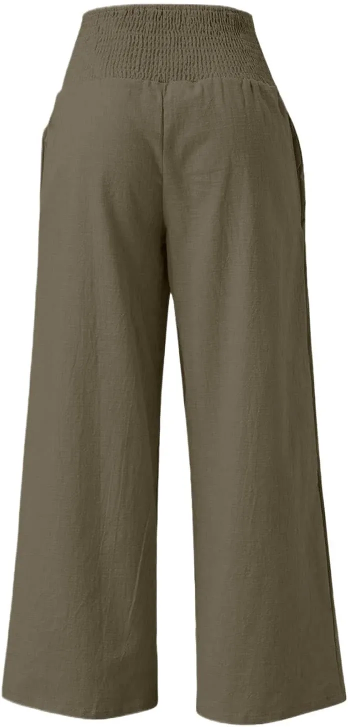 GOFULY Wide Leg Pants for Women Cotton Linen 2025 Summer Elastic Waist Palazzo Pants High Waisted Pocket Baggy Solid Clothes