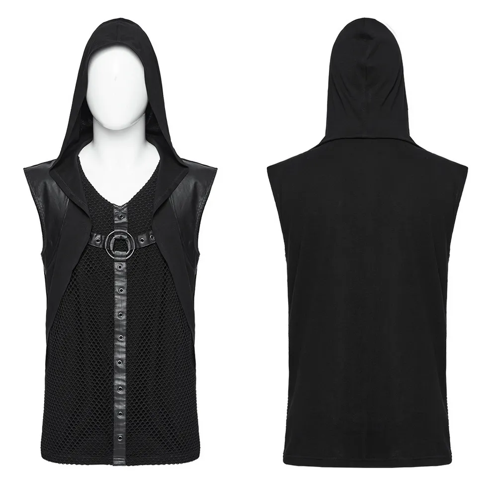 Gothic Hooded Vest with Mesh Details and Metal Accent