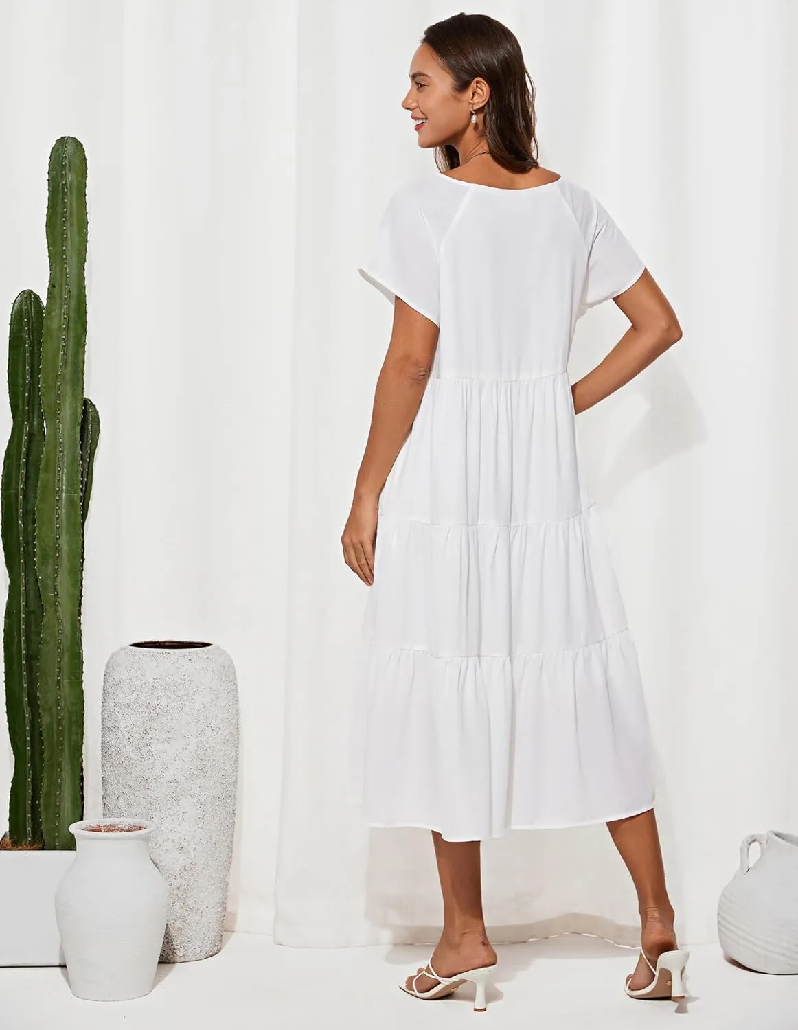 GRACE KARIN Womens Summer Dresses 2025 Casual Tie Front Midi Maternity Dress Short Sleeve Loose Flowy Pleated Beach Sundress