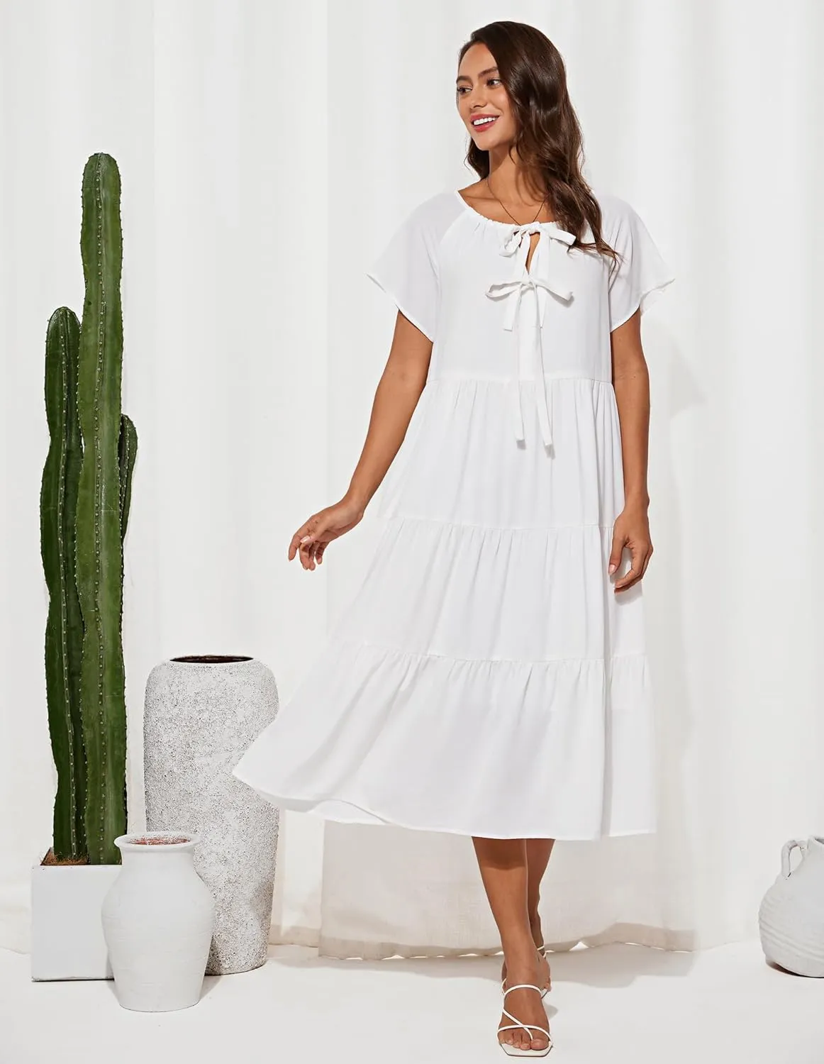 GRACE KARIN Womens Summer Dresses 2025 Casual Tie Front Midi Maternity Dress Short Sleeve Loose Flowy Pleated Beach Sundress