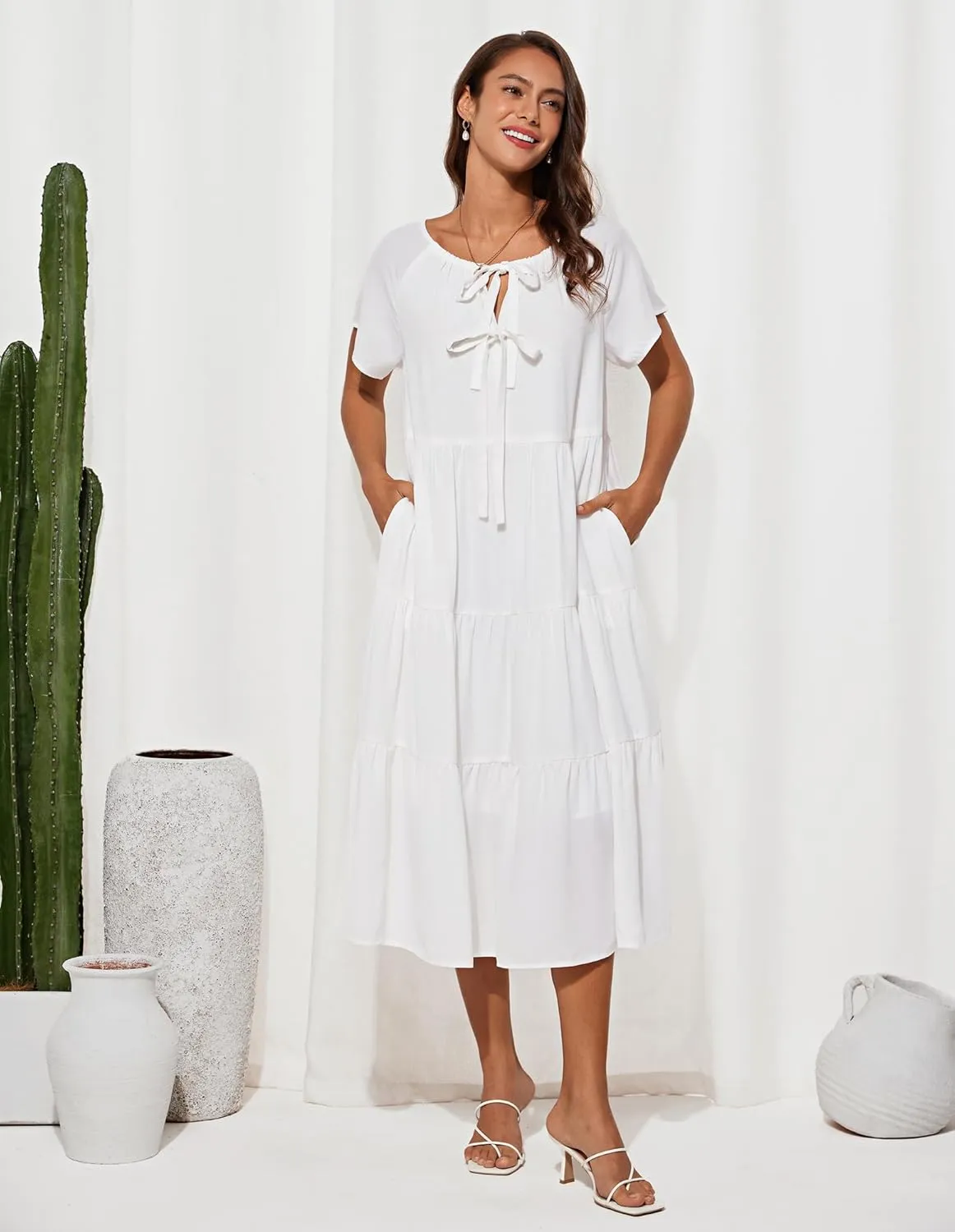 GRACE KARIN Womens Summer Dresses 2025 Casual Tie Front Midi Maternity Dress Short Sleeve Loose Flowy Pleated Beach Sundress
