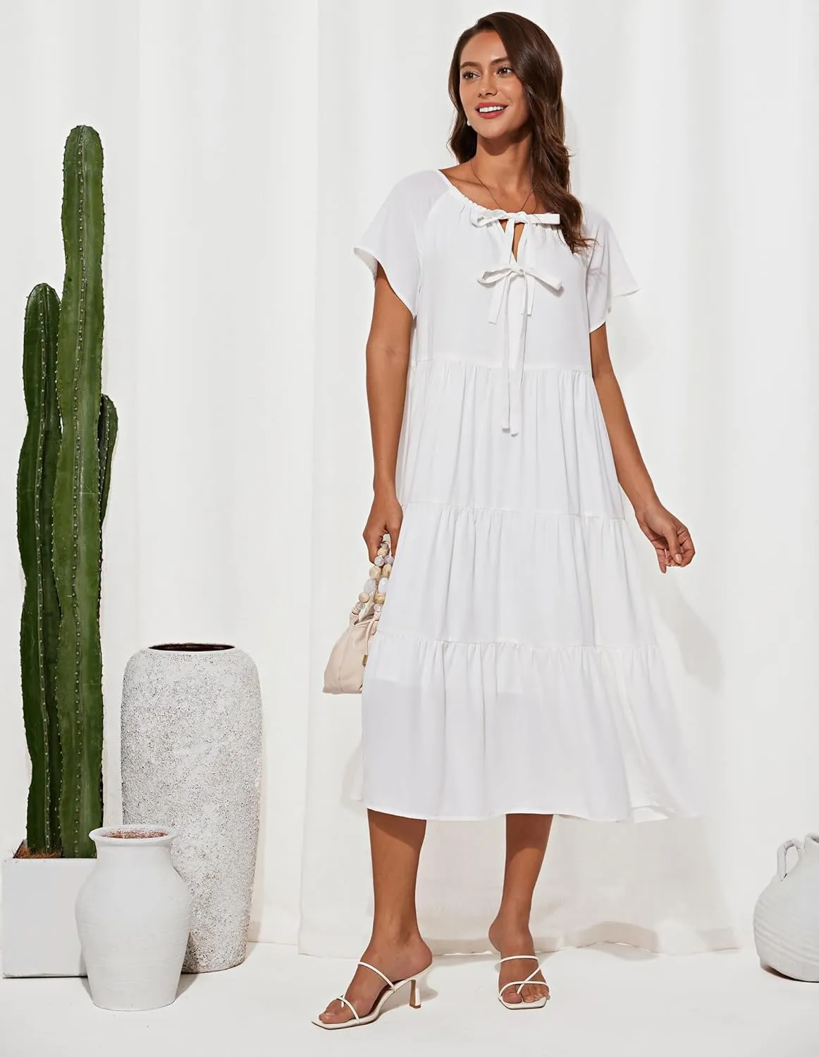 GRACE KARIN Womens Summer Dresses 2025 Casual Tie Front Midi Maternity Dress Short Sleeve Loose Flowy Pleated Beach Sundress