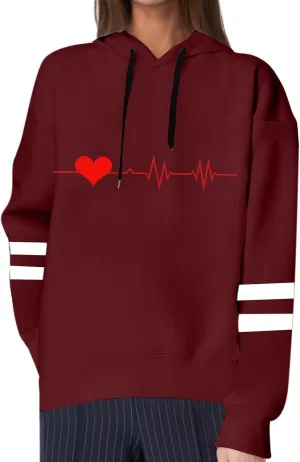 Graphic Hoodies for Women Cute Long Sleeve Valentines Heart Print Sweatshirts Comfy Hooded Pullover with Pockets