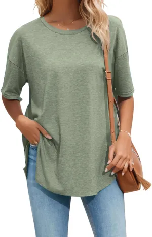 Halife Women's Oversized T Shirts Summer Crew Neck Short Sleeve T-Shirt Split Curved Hem Basic Casual Loose Tunic Tops Tshirt