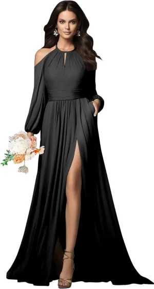 Halter Long Sleeve Bridesmaid Dresses with Slit Pockets Cold Shoulder Ruched Chiffon Formal Prom Dress Evening Gown