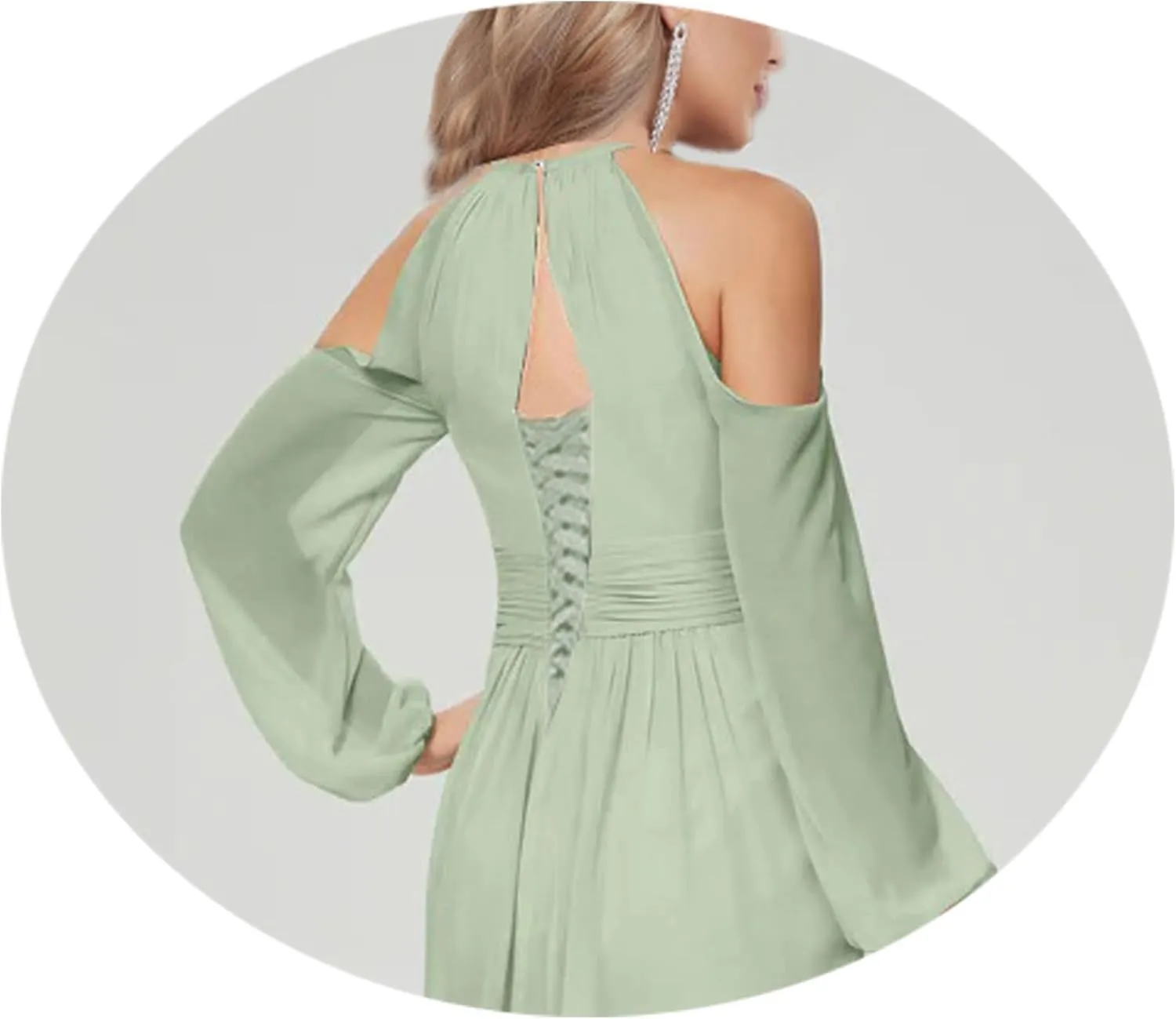 Halter Long Sleeve Bridesmaid Dresses with Slit Pockets Cold Shoulder Ruched Chiffon Formal Prom Dress Evening Gown