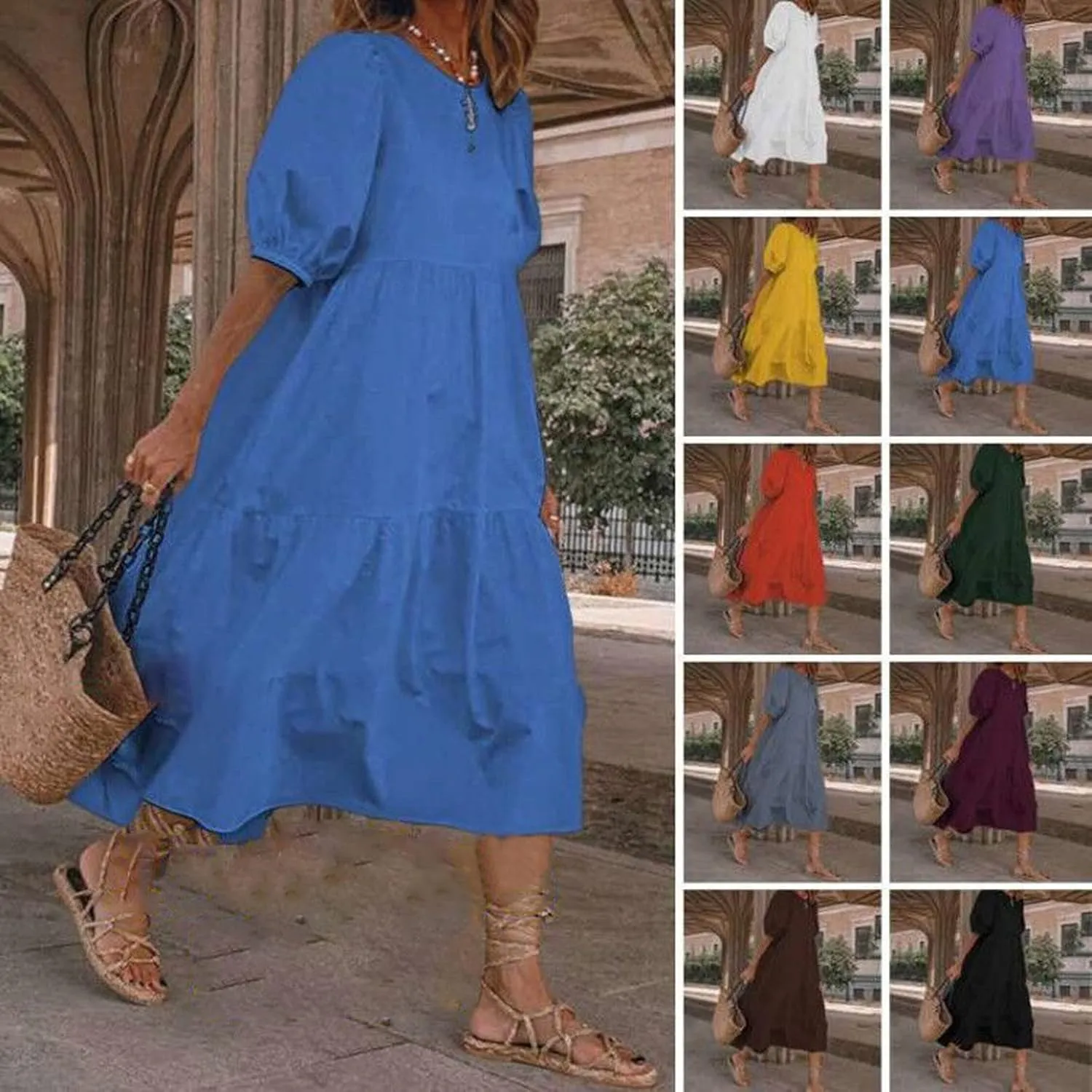 HGps8w Women Loose Boho Dresses 2025 Summer Plus Size Solid Color Puff Short Sleeve Crewneck Cute Midi Sun Dress