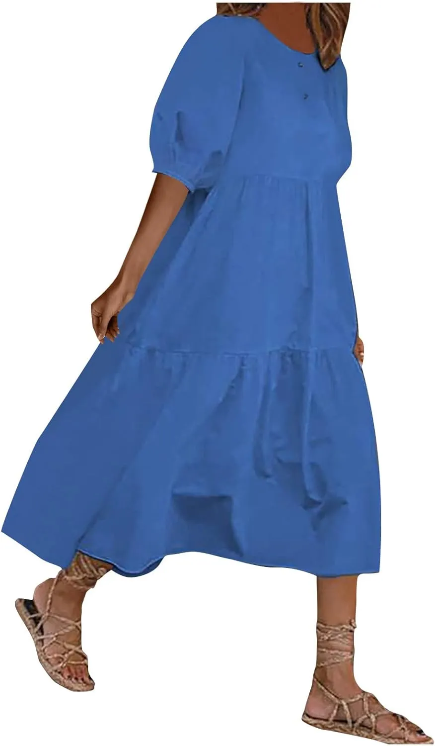 HGps8w Women Loose Boho Dresses 2025 Summer Plus Size Solid Color Puff Short Sleeve Crewneck Cute Midi Sun Dress