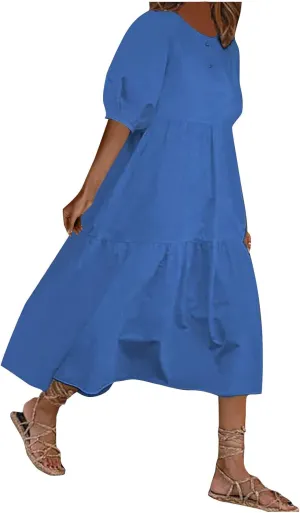 HGps8w Women Loose Boho Dresses 2025 Summer Plus Size Solid Color Puff Short Sleeve Crewneck Cute Midi Sun Dress