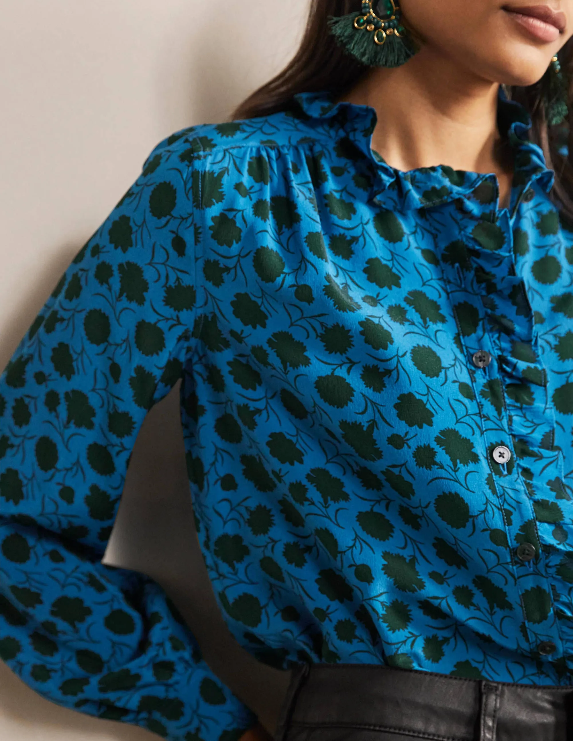 High Neck Ruffle Silk Blouse-Winter Azure, Leafy Bud
