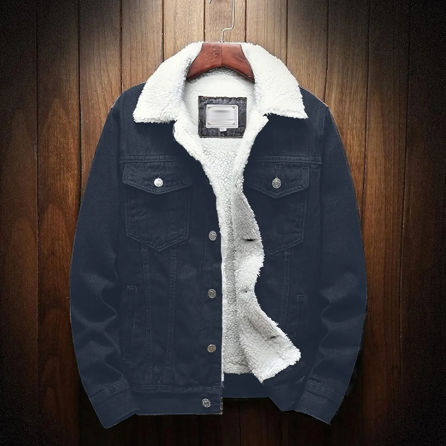 hlysgo Men's Lapel Sherpa Fleece Lined Thicken Denim Jean Trucker Jacket Coats Long Sleeve Slim Fit Casual Jean Jacket
