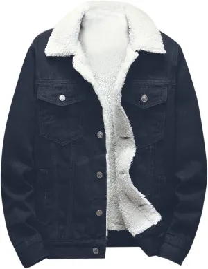 hlysgo Men's Lapel Sherpa Fleece Lined Thicken Denim Jean Trucker Jacket Coats Long Sleeve Slim Fit Casual Jean Jacket