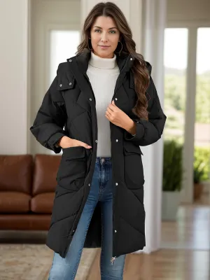 Hooded Longline Winter Coat with Long Sleeves and Pockets