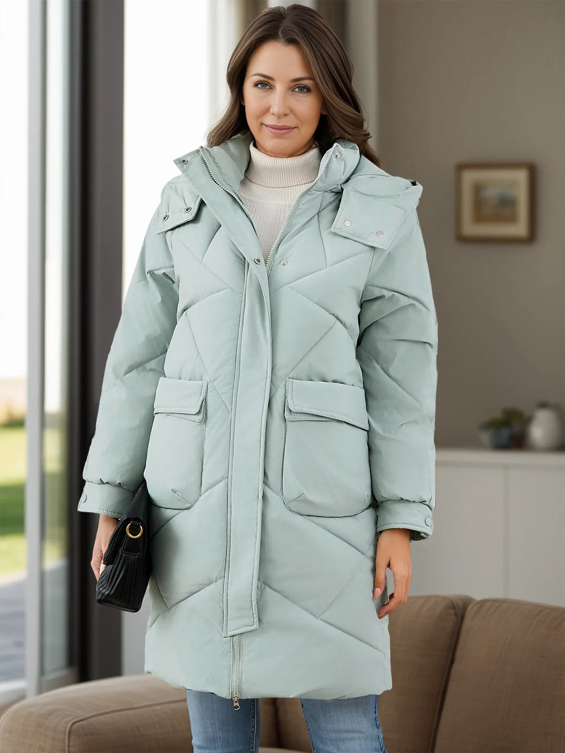 Hooded Longline Winter Coat with Long Sleeves and Pockets