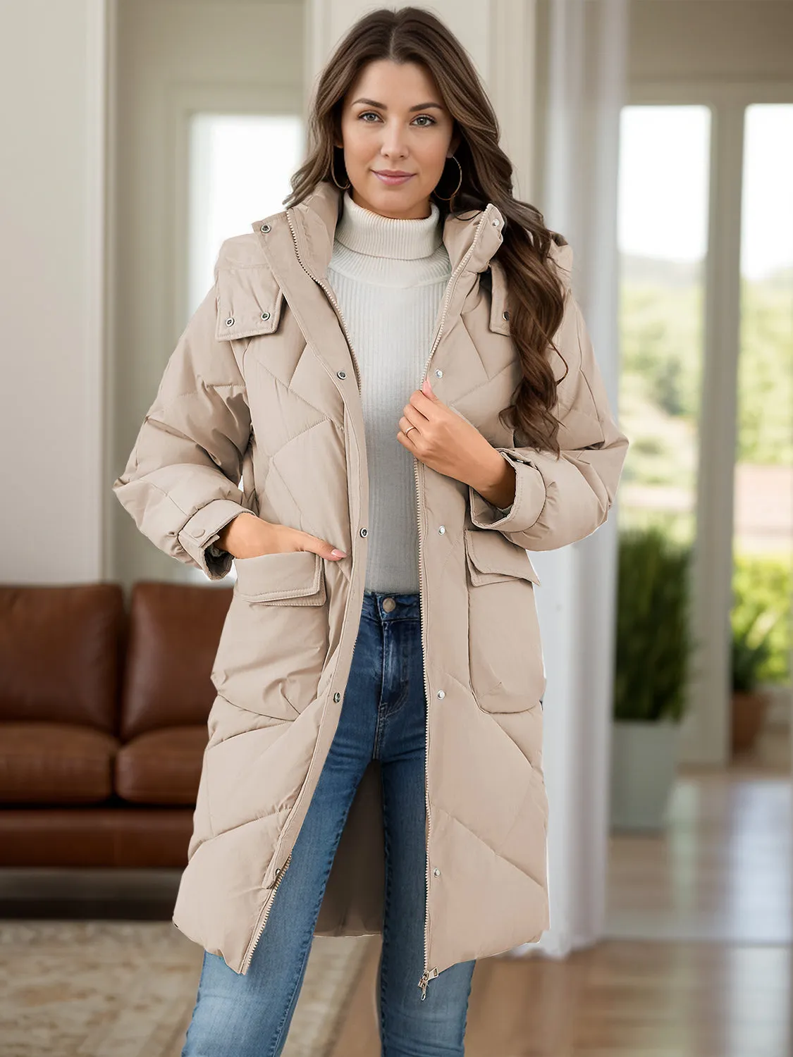 Hooded Longline Winter Coat with Long Sleeves and Pockets