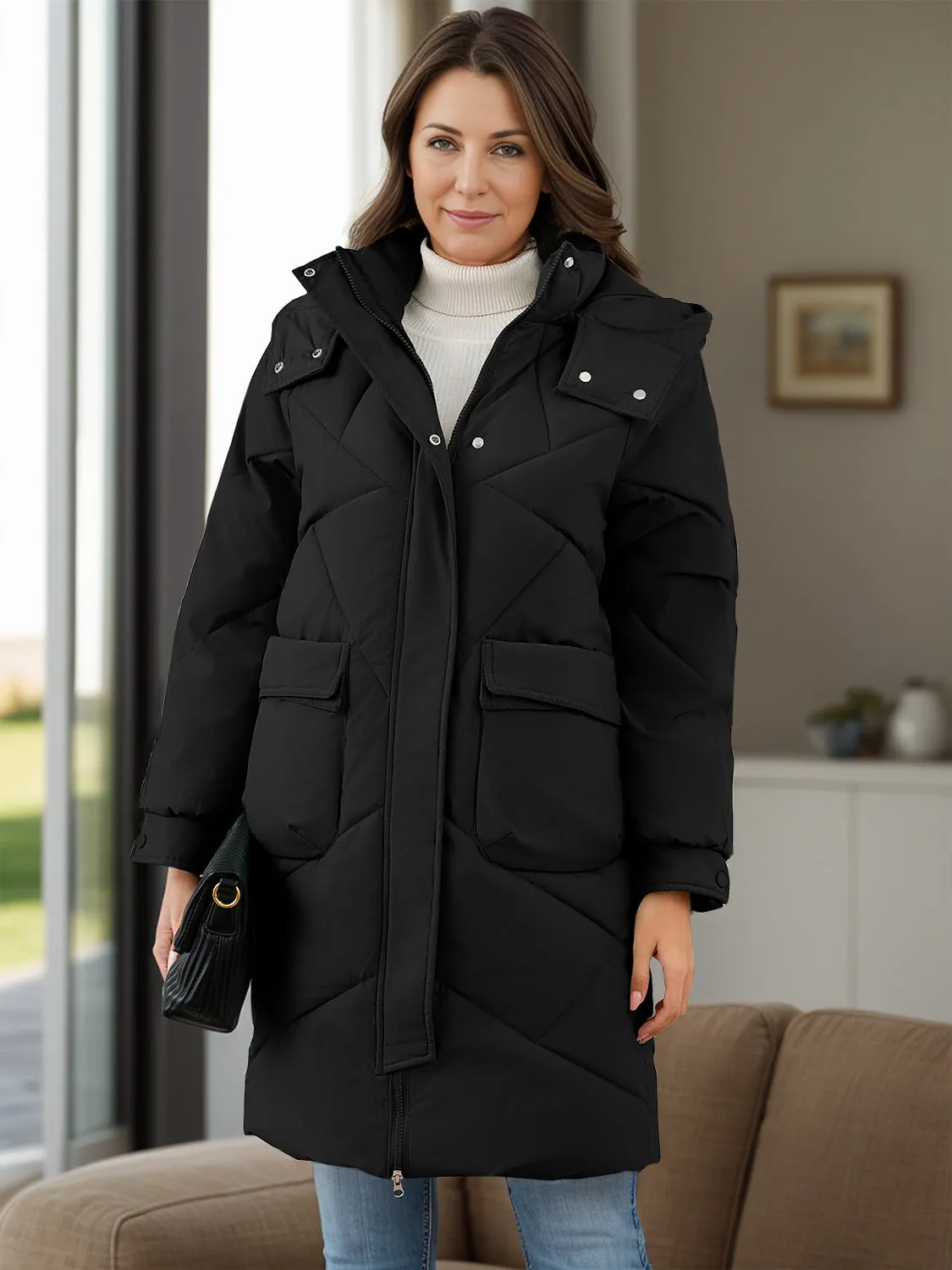 Hooded Longline Winter Coat with Long Sleeves and Pockets